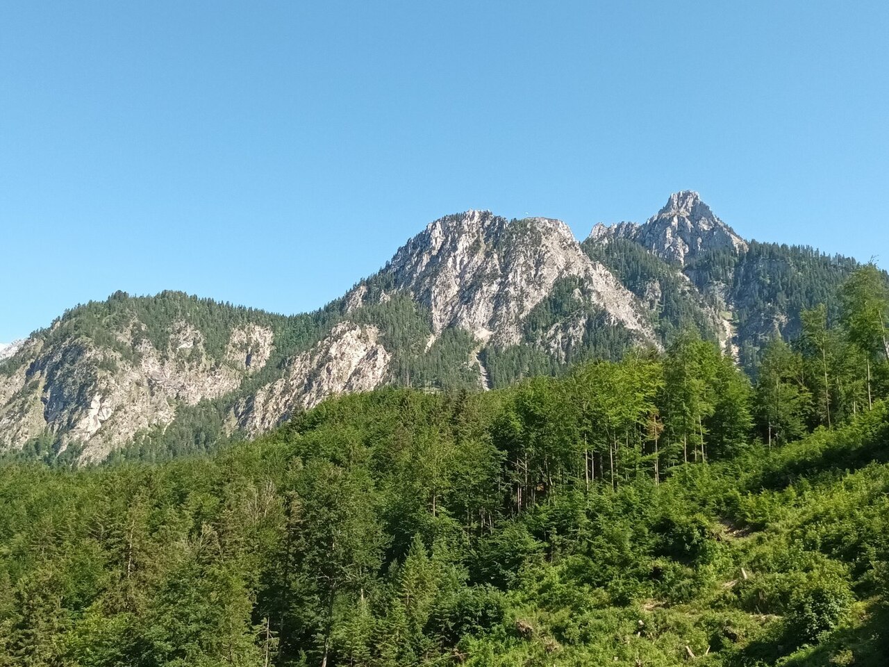 Der Älpeleskopf (1591 m) in den Ammergauer Alpen zwischen Gassenthomaskopf (link) und Pilgerschrofen (rechts)
