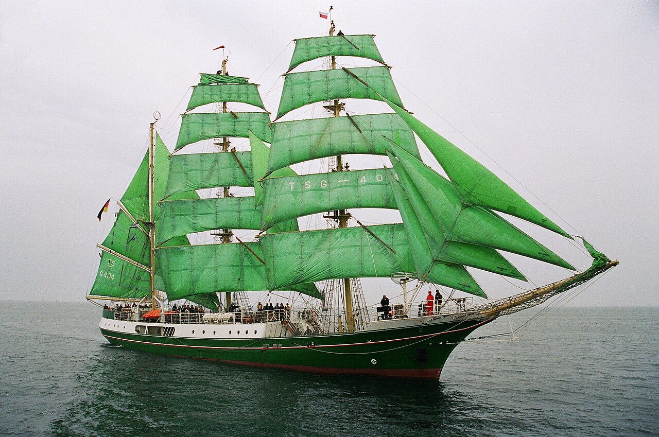 The barque Alexander von Humboldt, with four jibs set and a fifth furled on the bowsprit