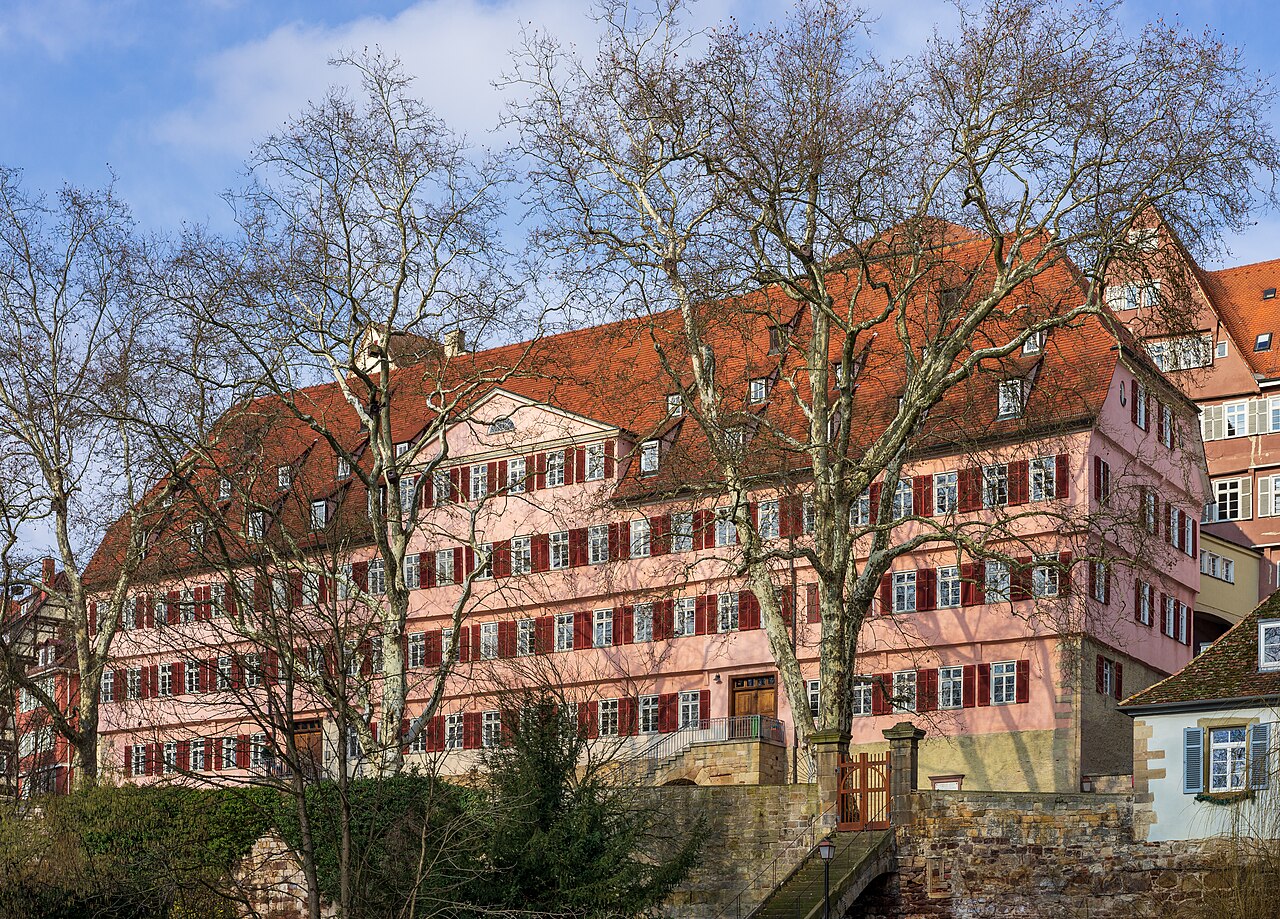 Tübingen , Germany: view of the main facade of the Alte Burse from the island in the river Neckar