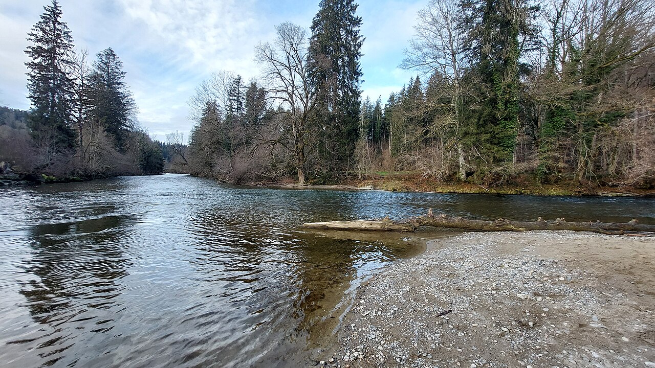 Argen Confluence, where Untere Argen (left) and Obere Argen (right) unite to form Argen, view from south