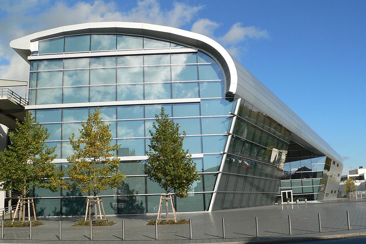 Audi-Forum of the Audi AG in the City Neckarsulm/Germany (front of glass, view from south)