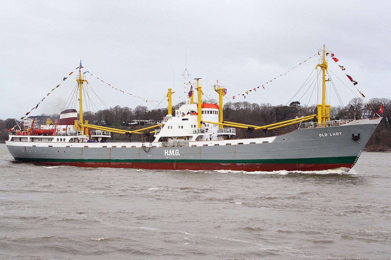 Old Lady , a general cargo ship, that was build in 1958, enters Hamburg Harbour, Germany