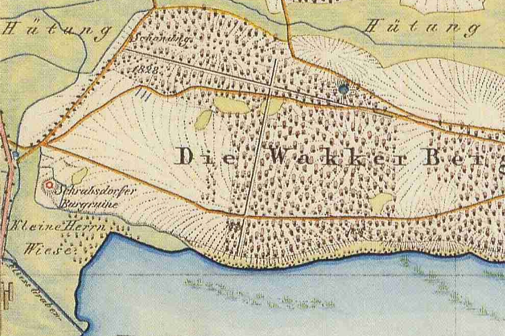 Karte der Burg Schrabsdorf , Teschendorf, Kreis Ruppin, Provinz Brandenburg, 1840
