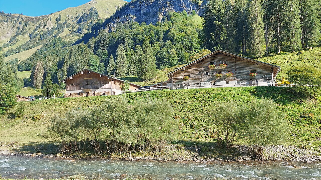 alpine cabines of Breitengehrenalpe in the Allgäu Alps in Bavaria, Germany