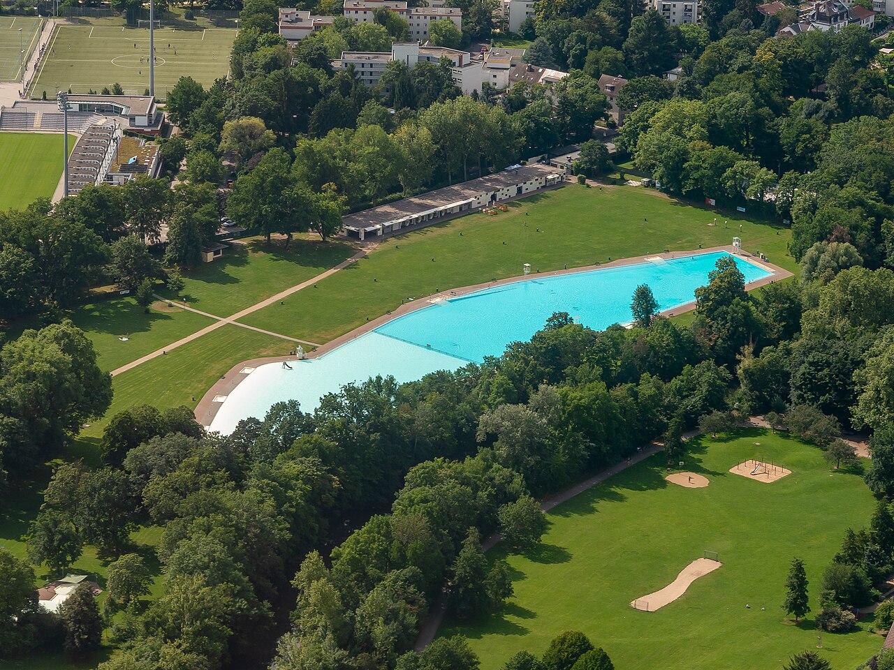 Aerial view of Brentanobad, Frankfurt, the largest outdoor swimming pool in Germany
