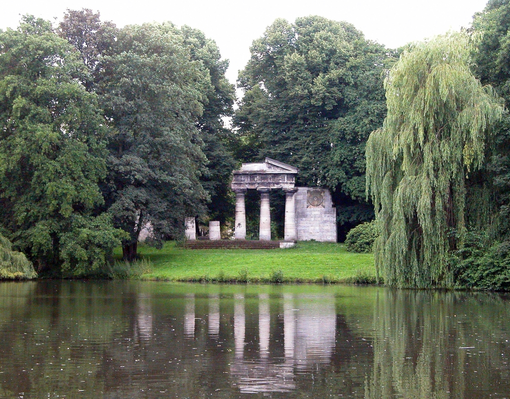 Braunschweig , Germany : Portico by Peter Joseph Krahe with pond in the Bürgerpark (Citizens’ Park)