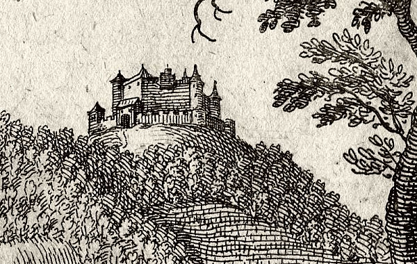 Burg Höhingen in Achkarren, Ausschnitt aus dem Kupferstich von Matthäus Merian von 1644 (gest