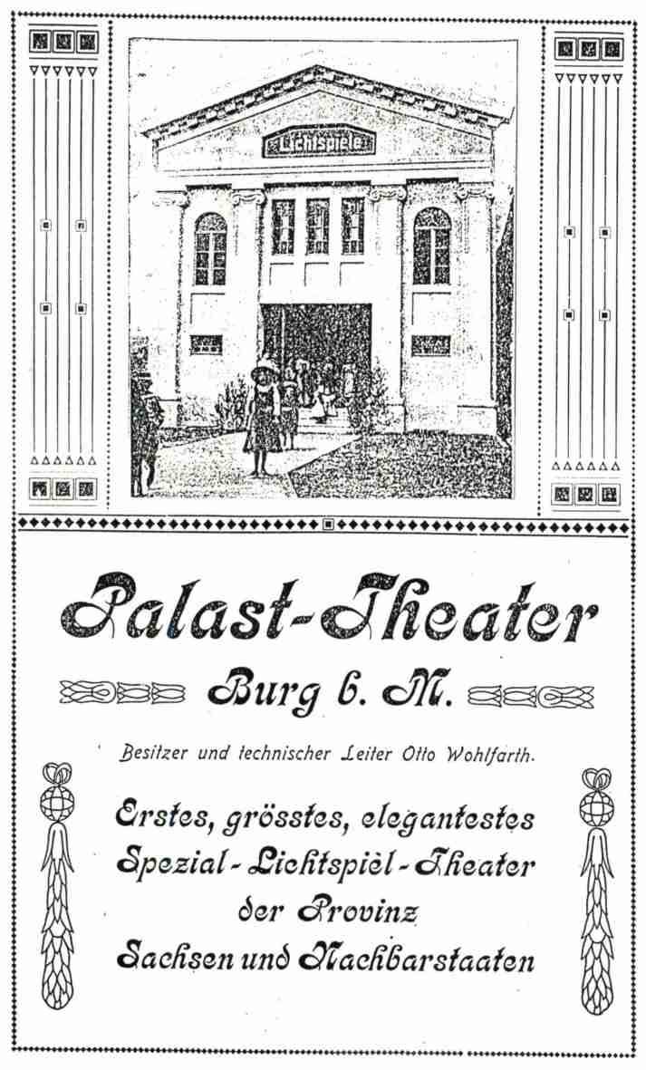 Anzeige des Kinos Palast-Theater (heute Burg Theater ) in Burg bei Magdeburg , 1911?
