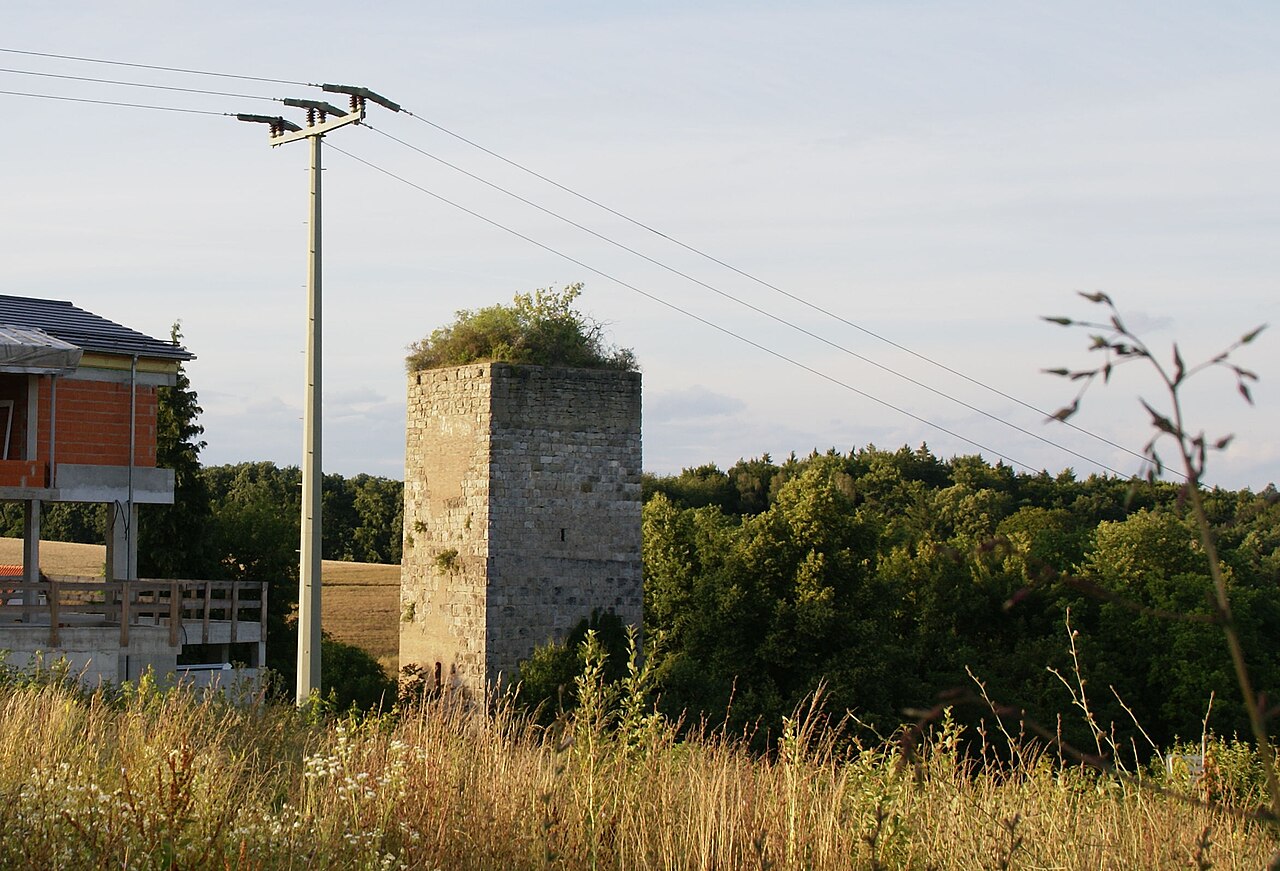 Ansicht des Bergfrieds der Niederviehhausener Burg aus Südwesten