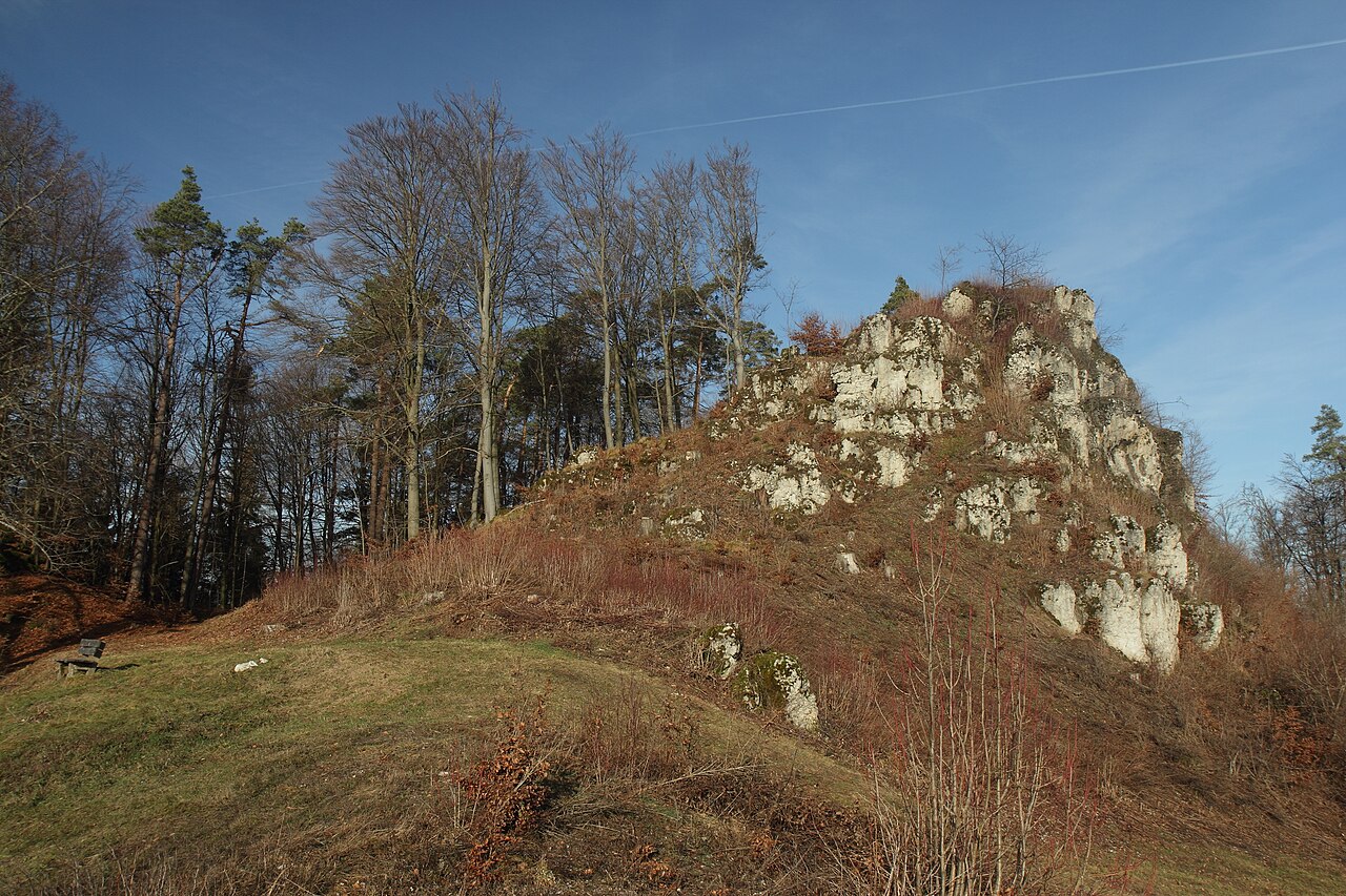 Burgstall Spies - Ansicht der Feldseite der Burg mit dem Fels, der die Hauptburg trug