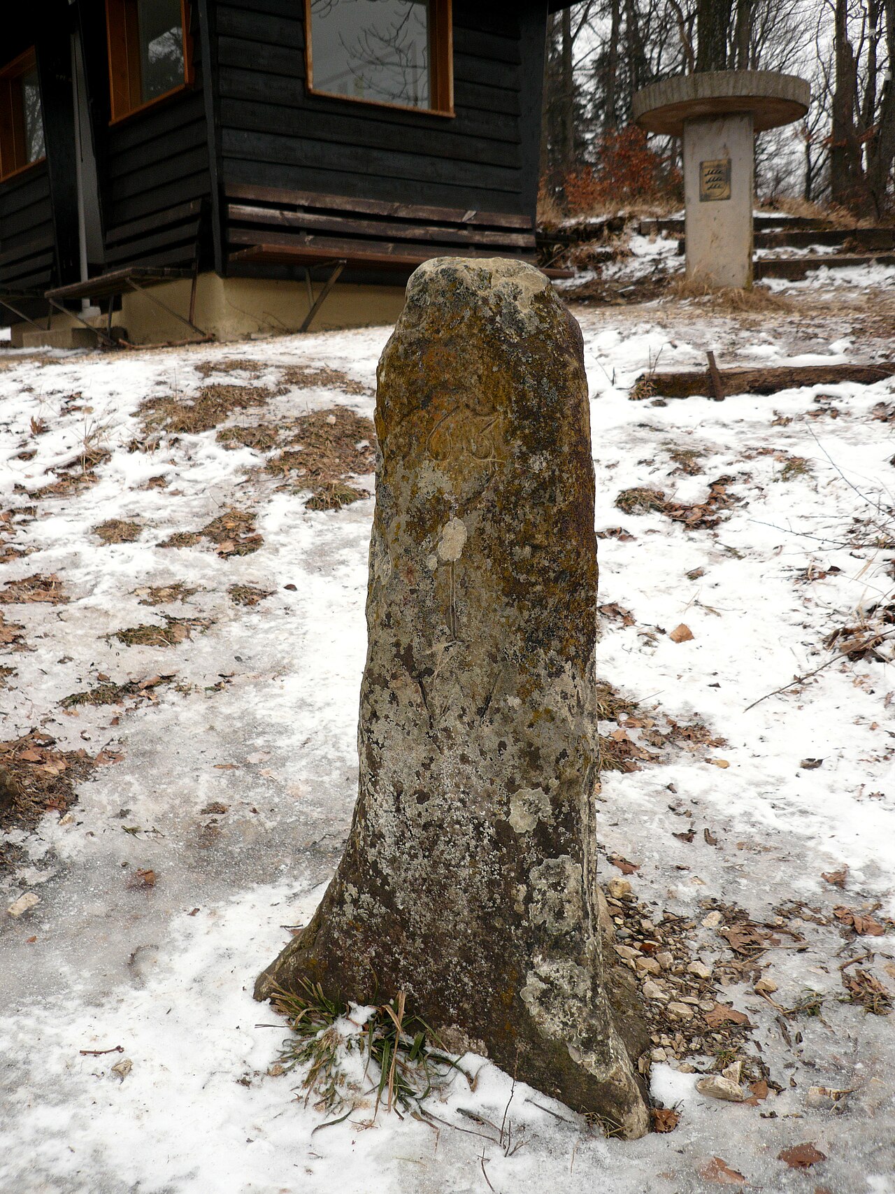 The old triangular border stone on the summit of Dreifuerstenstein, Schwaebische Alb