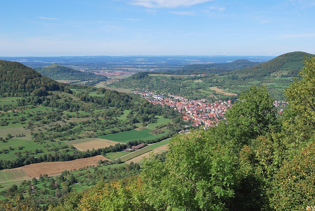 View from the Reussenstein Castle at the Neidlingen valley ( Baden-Württemberg , Germany)