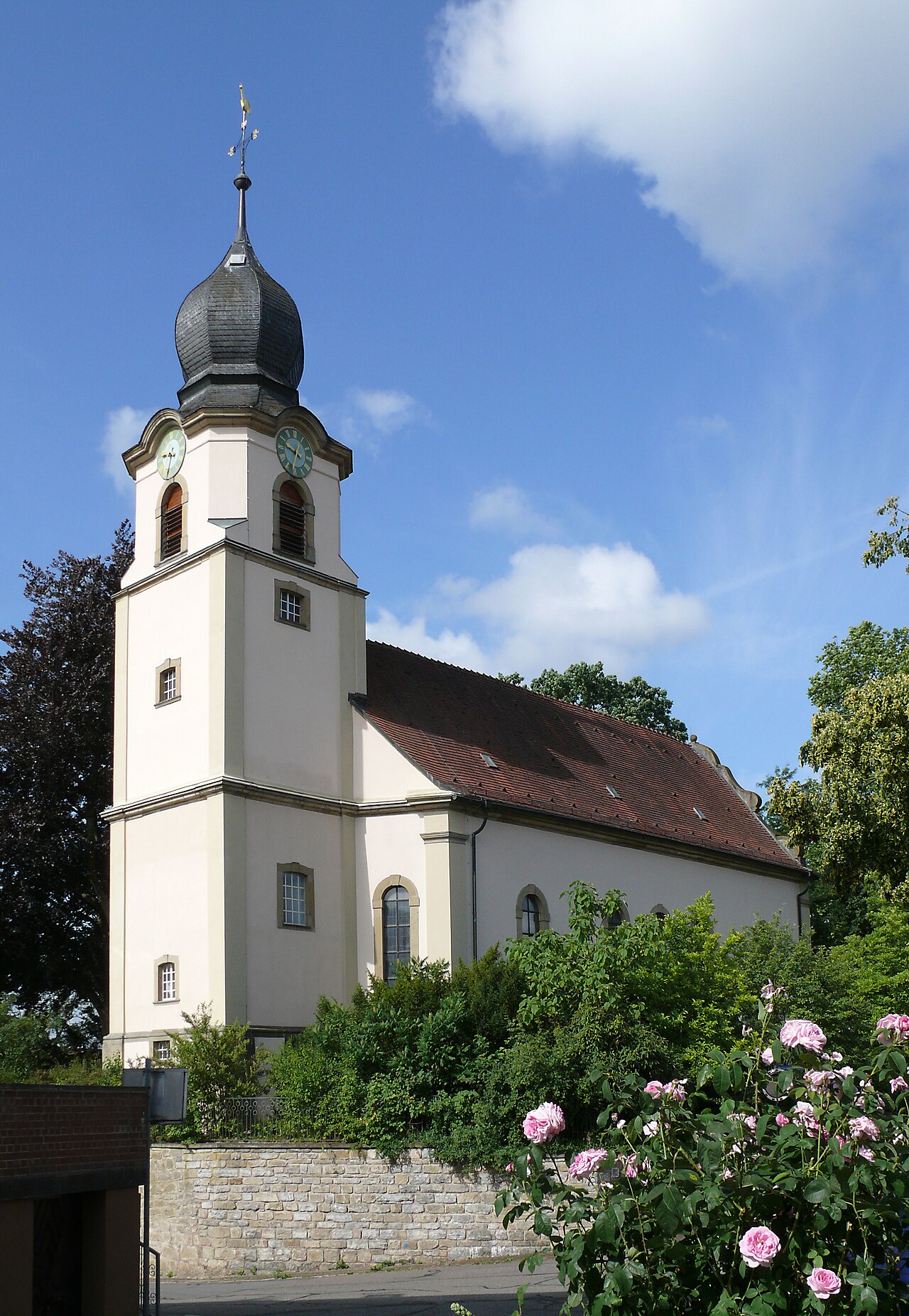 View of the protestant church in Bonfeld (a district of Bad Rappenau , Germany), seen from northeast in summer