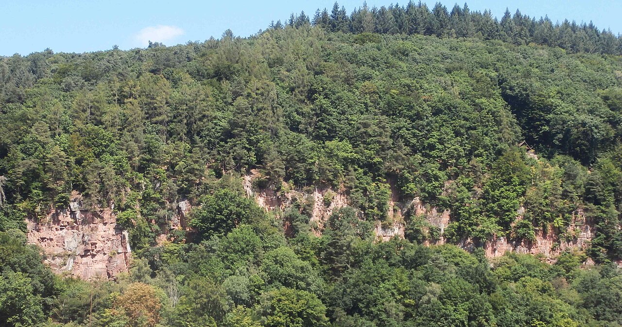 Buntsandsteinfelsen bei Neckargemünd, gesehen vom Neckarsteig