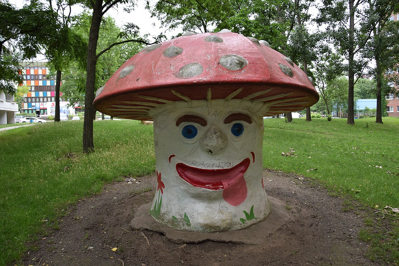 Sculpture toadstool in the residential area in Wittenberger Straße in Berlin-Marzahn, Germany
