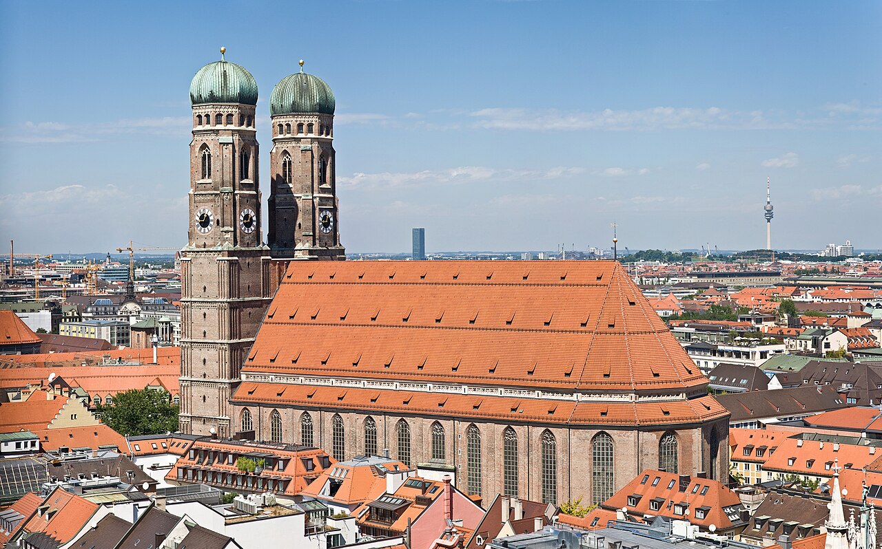 Frauenkirche (Church of Our Blessed Lady) in Munich, Germany, as viewed from the tower of Peter's Church