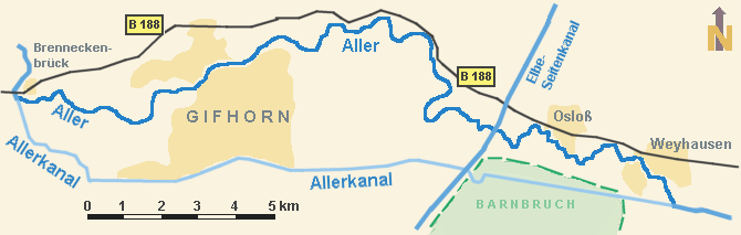 Diagram of the route of the Aller Canal, Lower Saxony, Germany