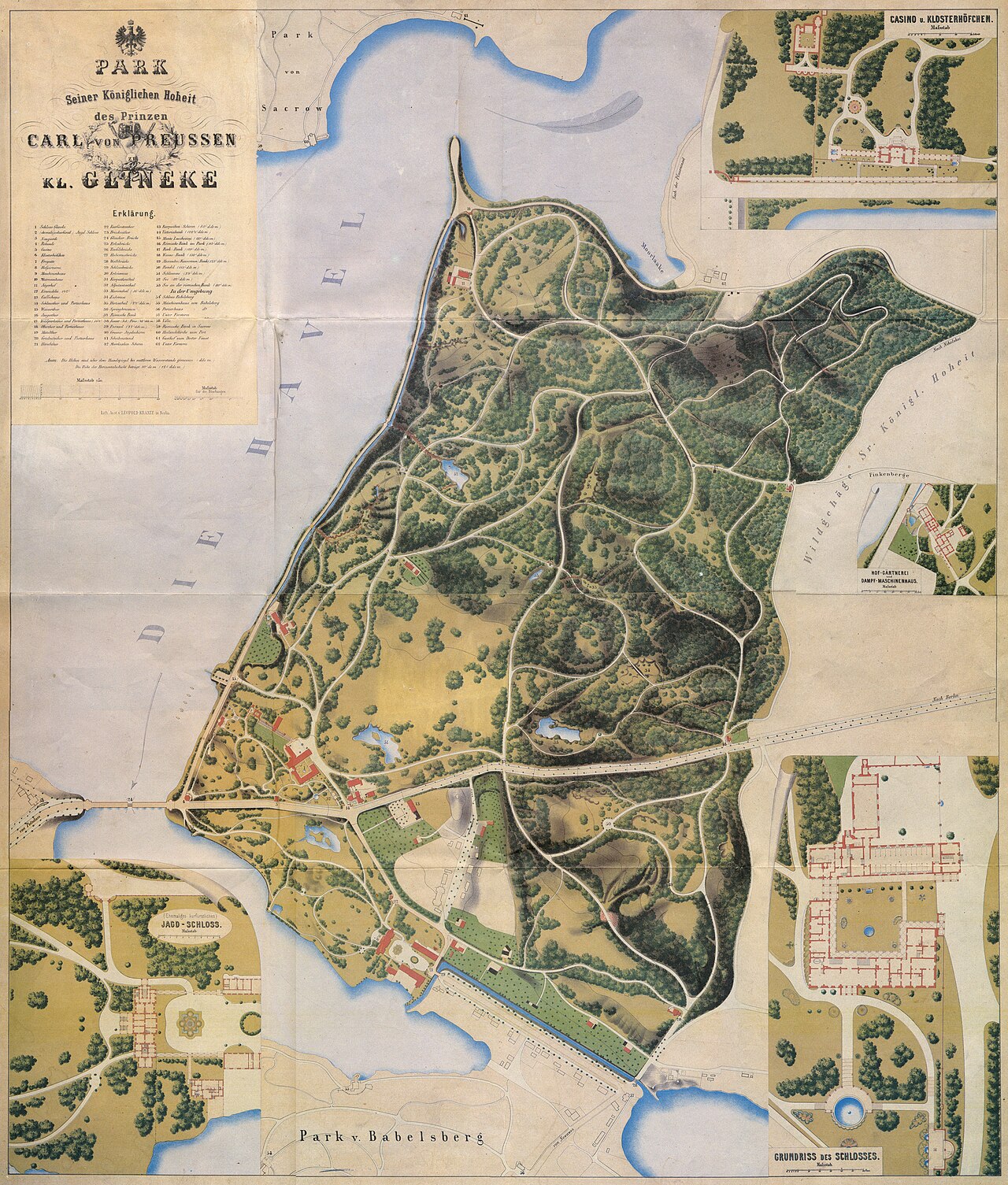 Lithografierter Plan des Glienicker Parks, um 1862