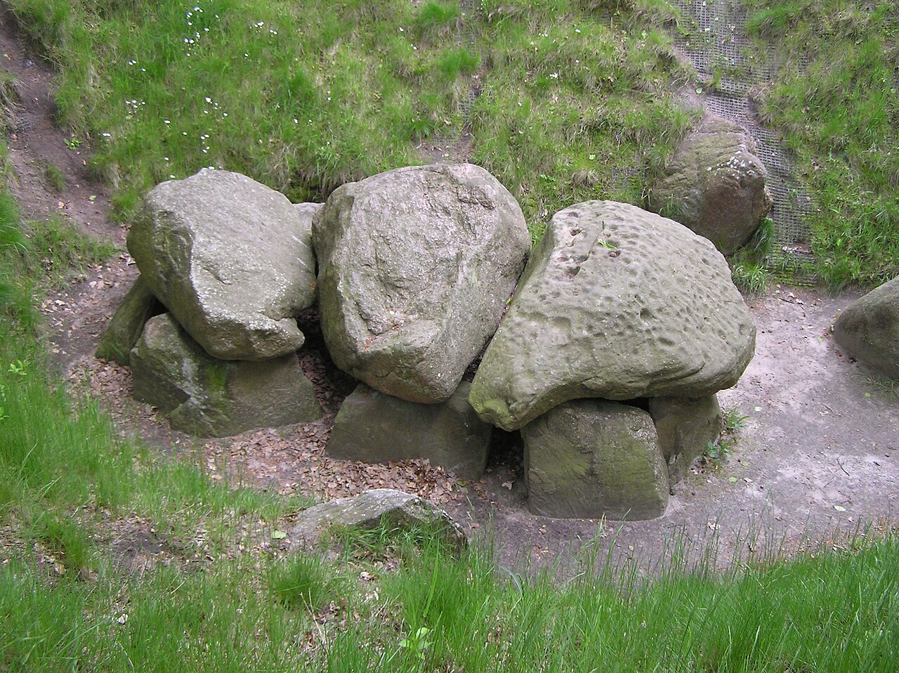 Ansicht des Großsteingrabes mit Schalenstein bei Bunsoh in Dithmarschen von Norden