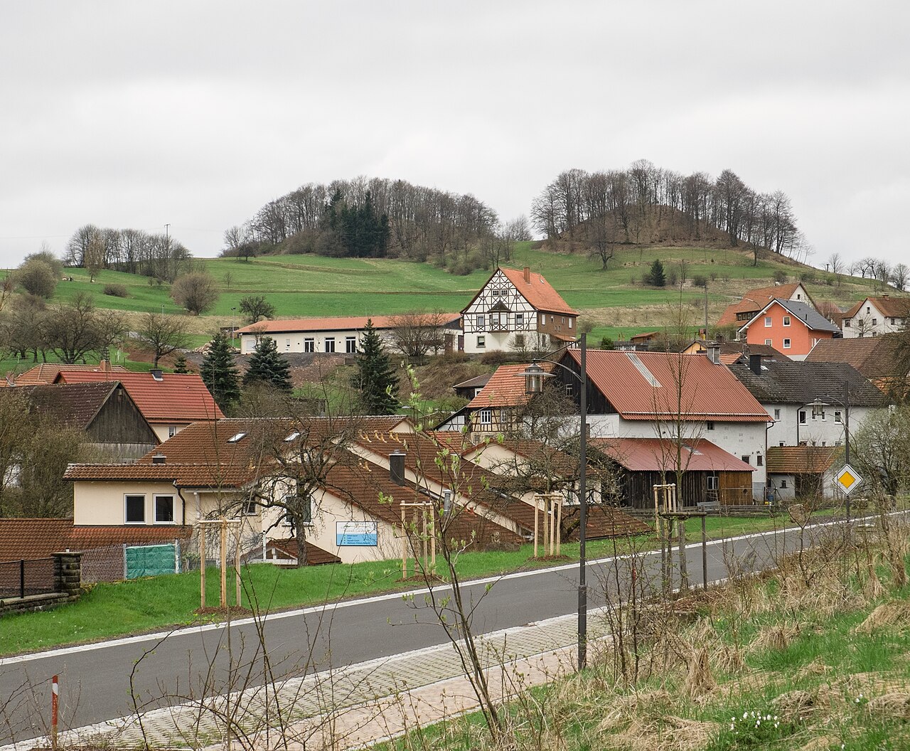 Remains of two demolished castles (Motte) in Bischofsheim-Oberweißenbrunn, county Rhön-Grabfeld, Bavaria, Germany