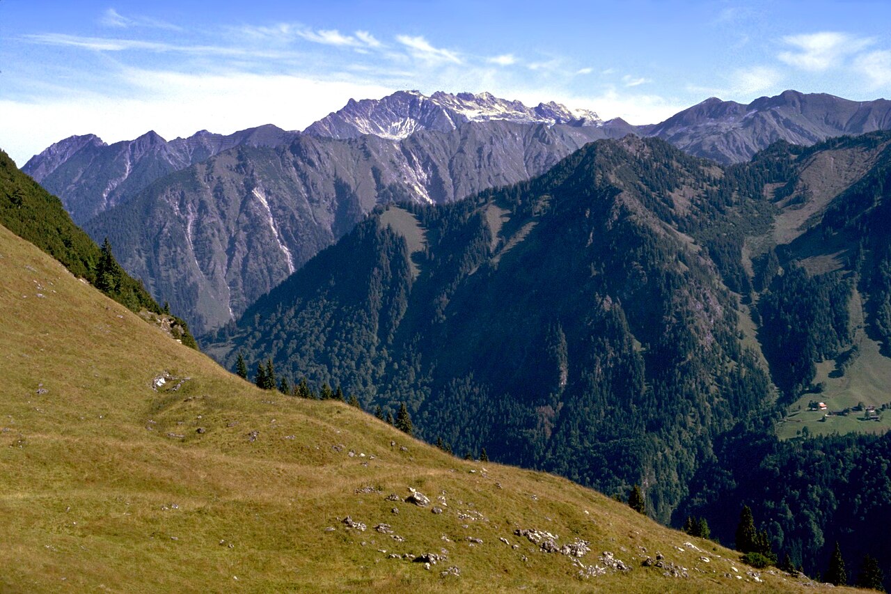 Höfats-Vorgebirge (der vorderste, bewaldete Bergzug) vom Himmelschrofenzug, dahinter ist die Daumengruppe zu sehen
