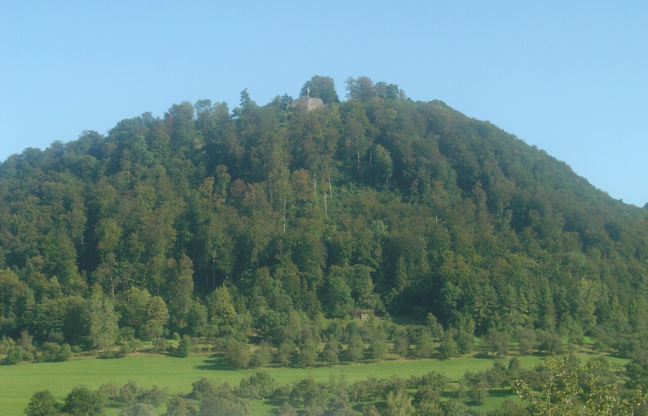 Blick auf die Burgruine Hiltenburg vom Bad Ditzenbacher Wohngebiet Klingenbrunnen