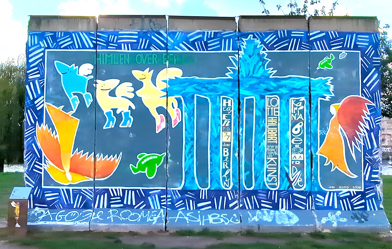 Mural "Himlen over Berlin" by Karina Bjerregaard and Lotte Haubert at the East Side Gallery in Berlin, Germany