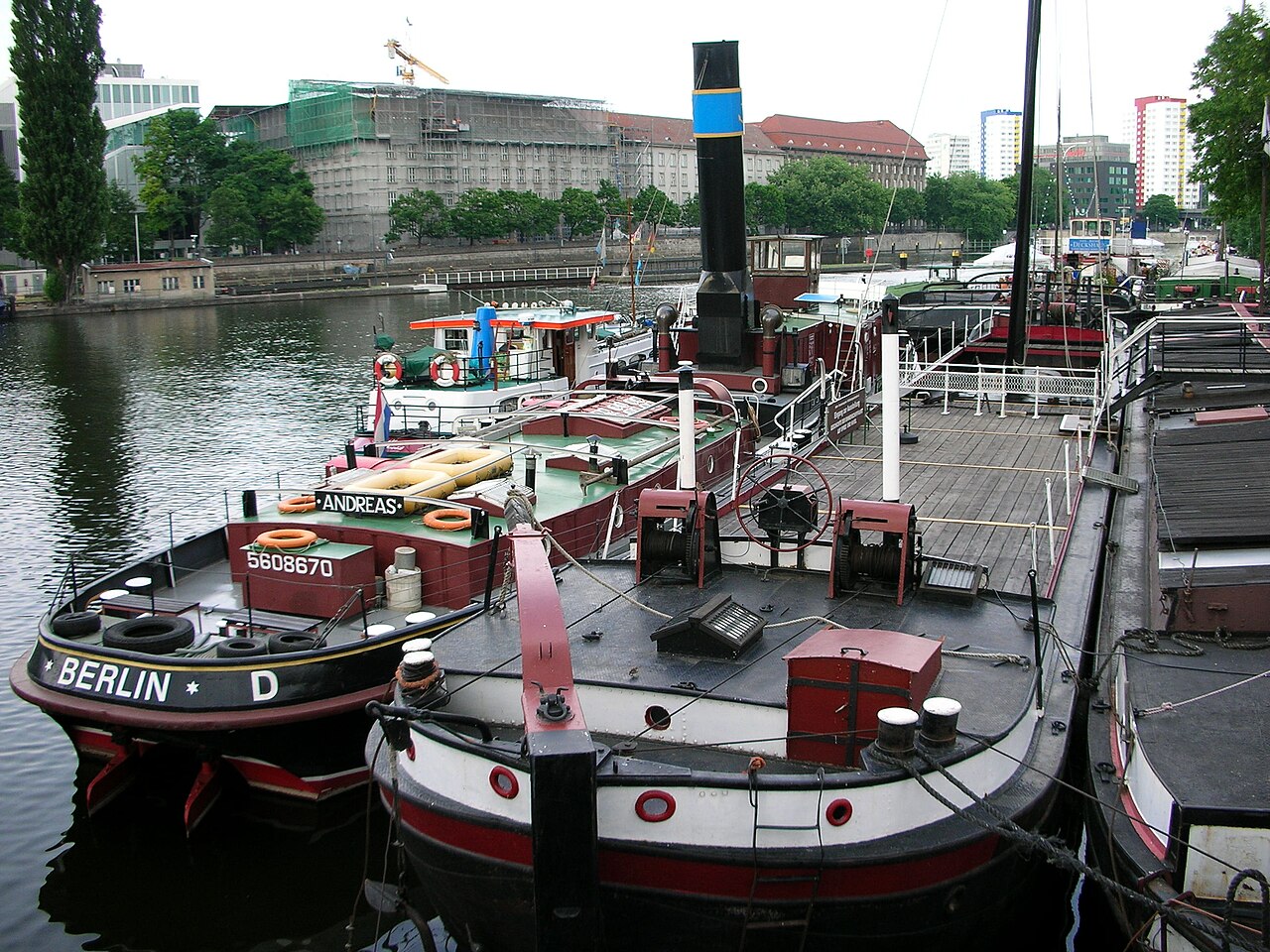 Boats and ships at the Historischer Hafen (historic harbour) in Berlin