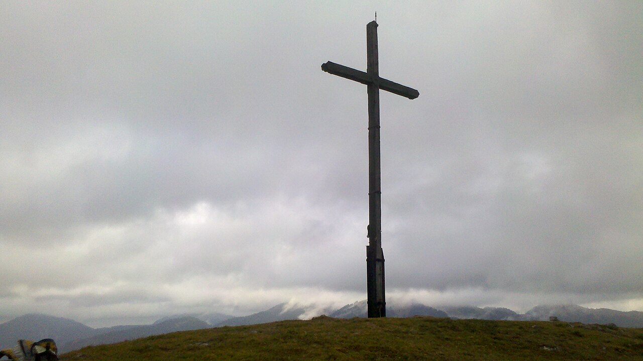 Summit cross of Hochalm, Gerstenrieder Berg, Bavaria, Germany