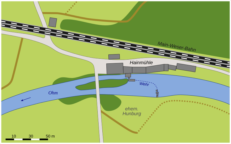 Lageplan de:Hainmühle (Betziesdorf) mit gekennzeichneter Lage der de:Hunburg (Betziesdorf)