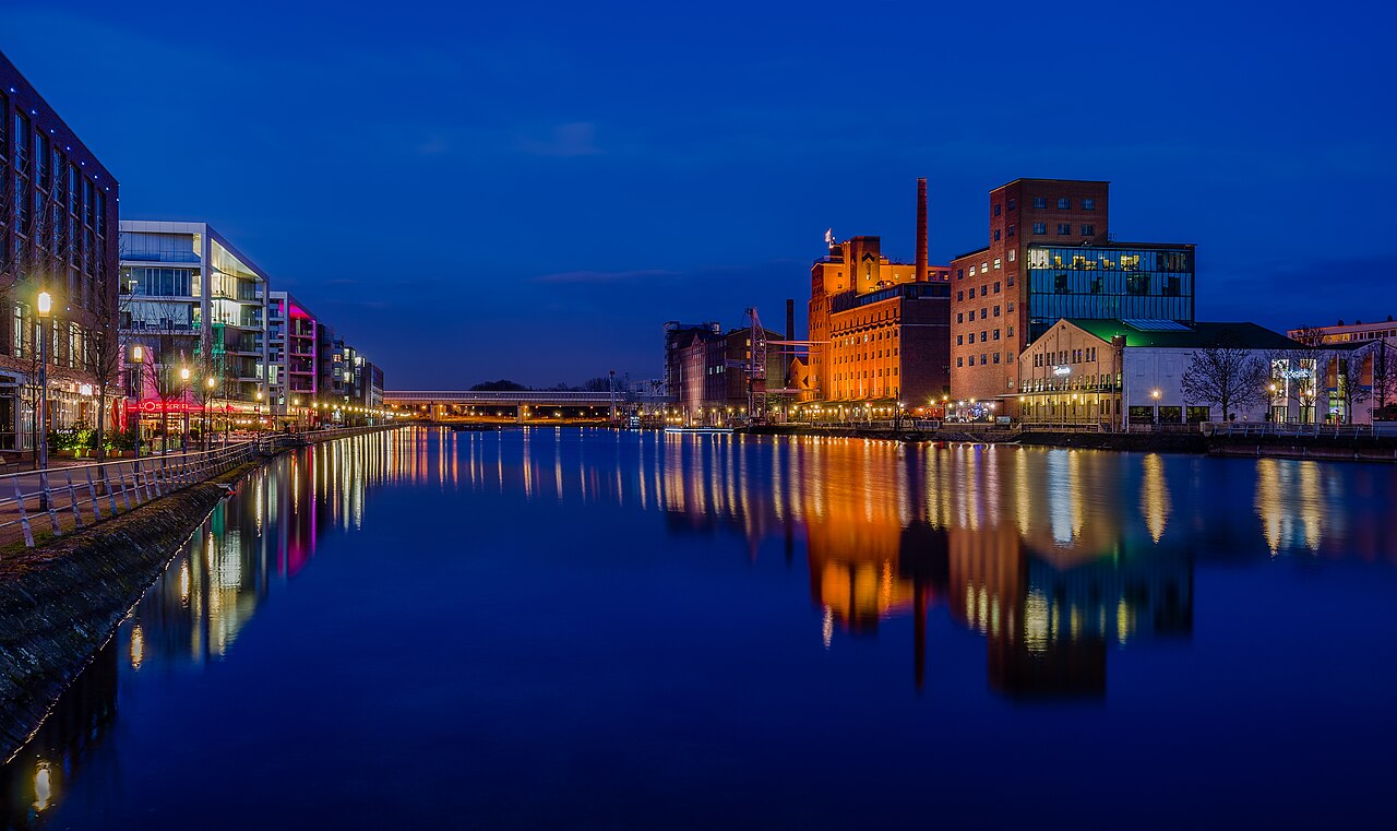 Nightly view of Duisburg Inner Harbour at blue hour