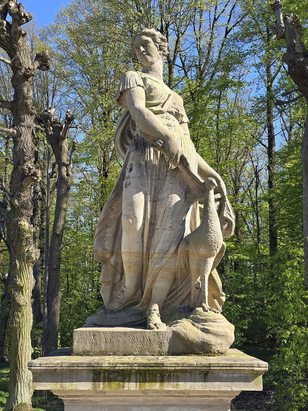 Statue of Juno/Hera with a walking peacock in the Grosssedlitz Baroque Garden