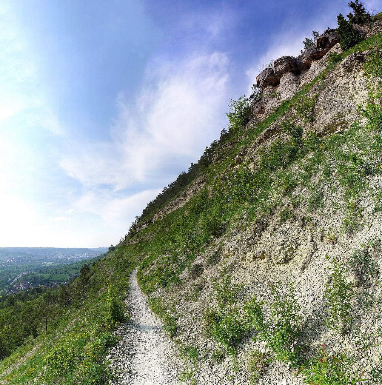 Zu sehen ist ein Wanderweg an der Johannesberg-Horzontale mit Blick gen Norden-Westen