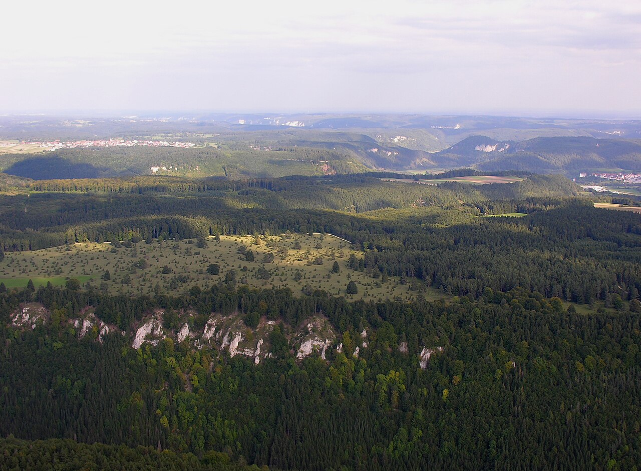 Germany , Baden-Württemberg , aerial view of the Danube valley from overhead Mahlstetten