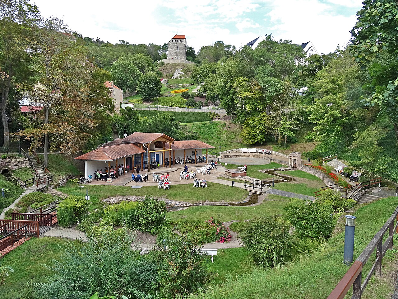 Kurpark Bad Frankenhausen mit Elisabeth-Quelle (rechts) und Hausmannsturm (hinten)
