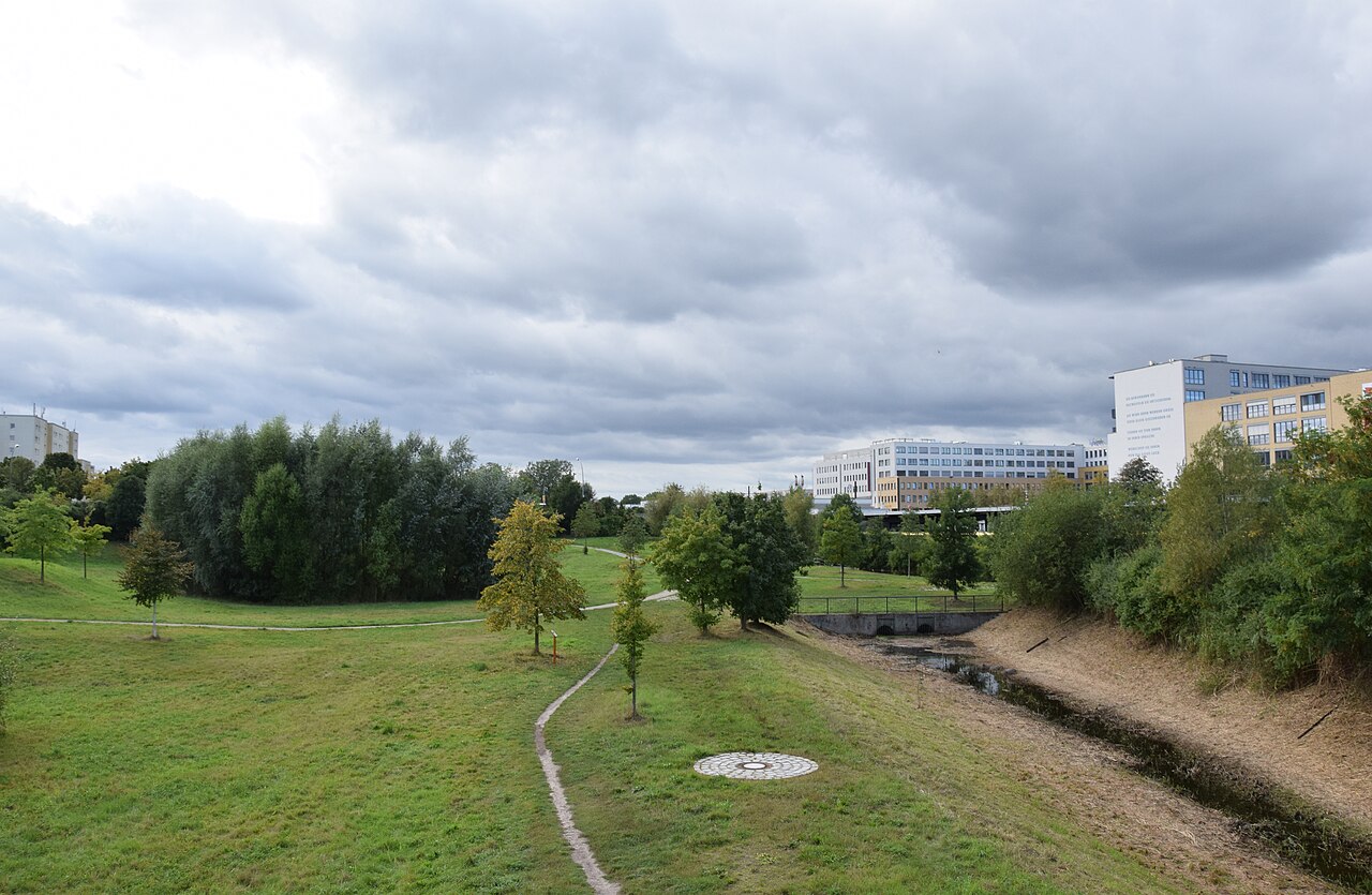 View of Kurt-Julius-Goldstein-Park in Berlin-Hellersdorf, Germany from the Heidenauer Steg