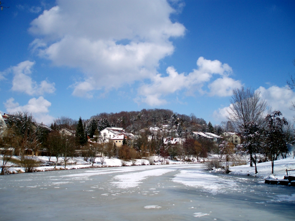 Das Photo zeigt den Lindenbachsee in Weilimdorf im Winter 2006 zugefroren, im Hintergrund das "Horn" am Lemberg