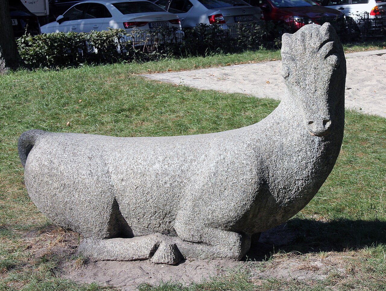 Sculpture, "'Liegendes Pferd " by Hans Mettel , 1966, Am Karlsbad, Berlin-Tiergarten , Germany