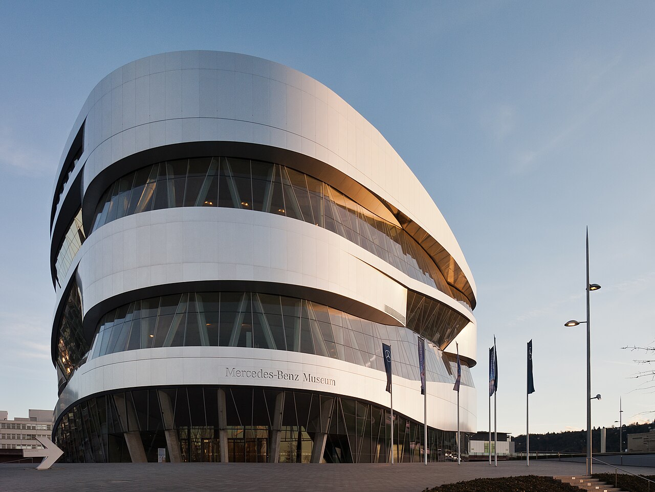 Mercedes-Benz Museum in Stuttgart, Germany, shortly before sunset