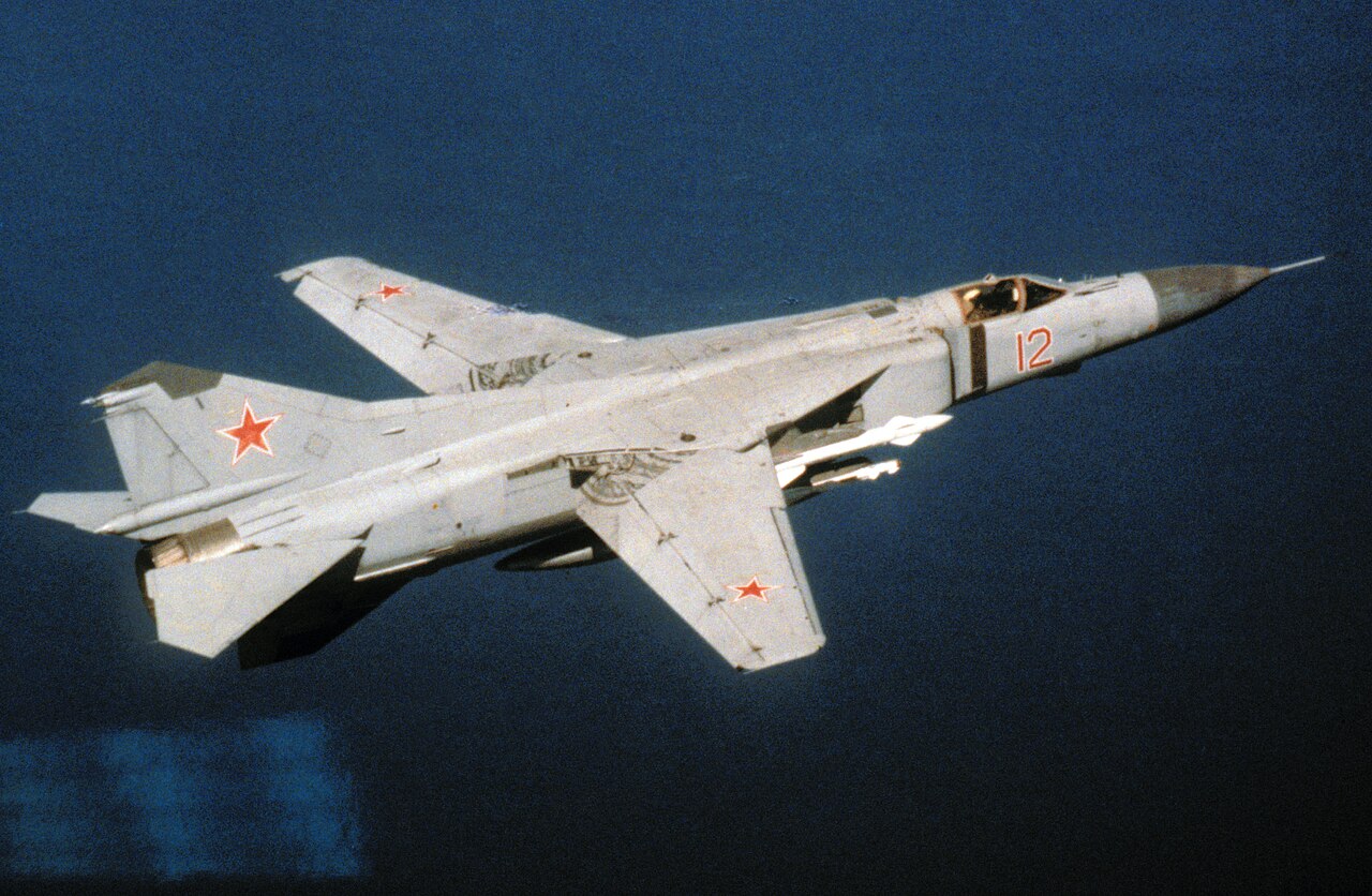 A Soviet Mikoyan-Gurevich MiG-23M "Flogger" in flight in 1989