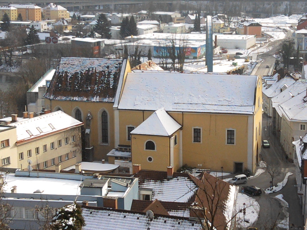View of Minoritenkirche (Maria im Walde) in Bruck an der Mur, Austria, from Schlossberg