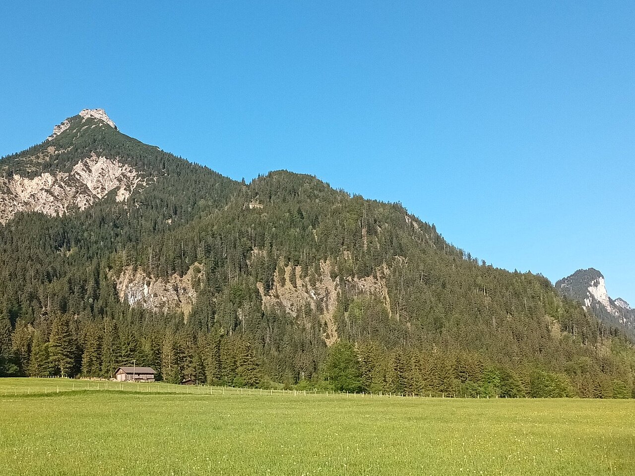 Der Oberbodenkopf (1370 m) bei Vils in Tirol, Ansicht von Osten, links davon der Vilser Kegel, rechts der Rote Stein