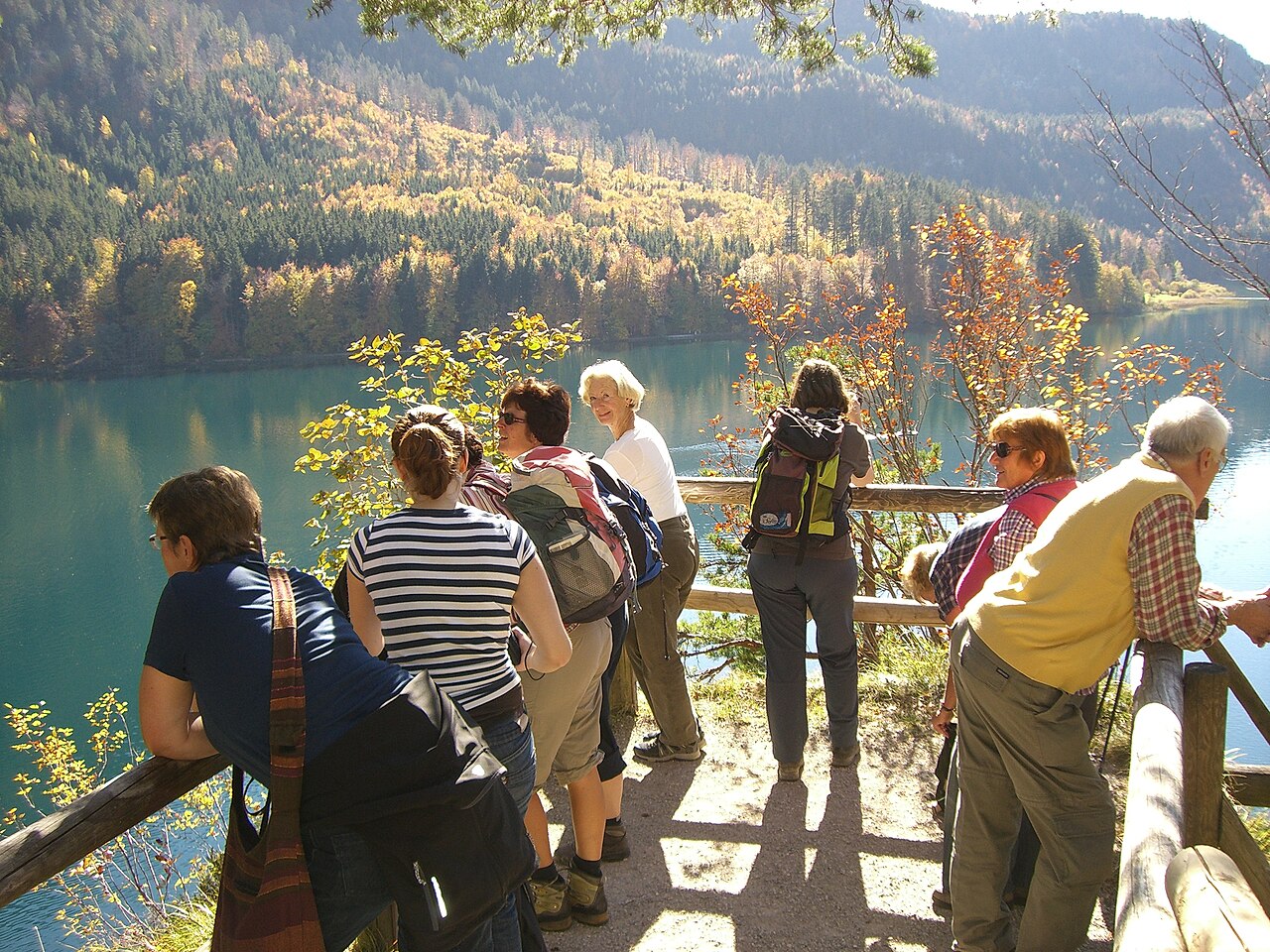 People at the Pindarplatz, a famous viewing point in the Bavarian alps, near Hohenschwangau
