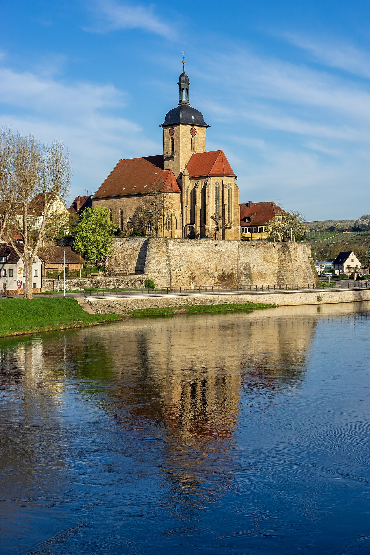 Lauffen am Neckar , Germany: The Saint Regiswindis church rises on a rock directly on the riverbank of the Neckar