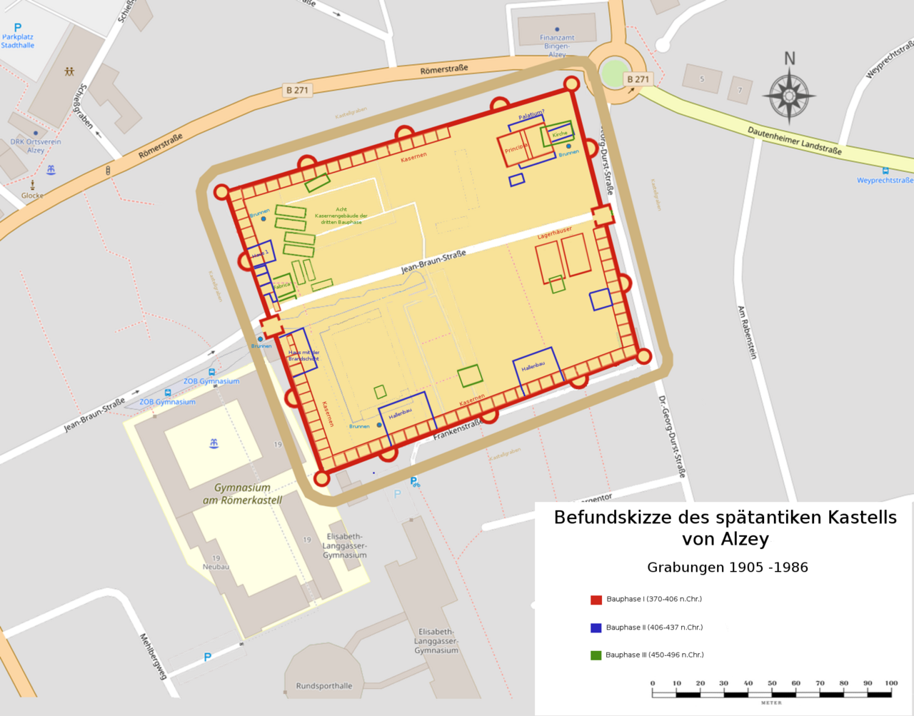 Befundskizze der Grabungen im spätrömischen Kastell Alzey , Deutschland