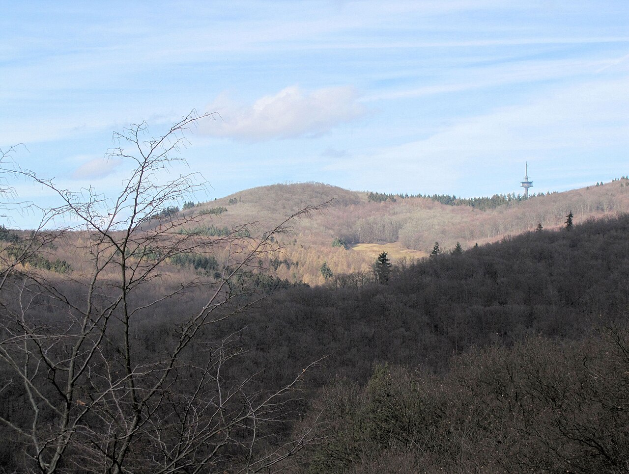 "Rossert" and the network tower on "Atzelberg", view from "Kaisertempel" in Eppstein, Main-Taunus-Kreis, Hesse, Germany