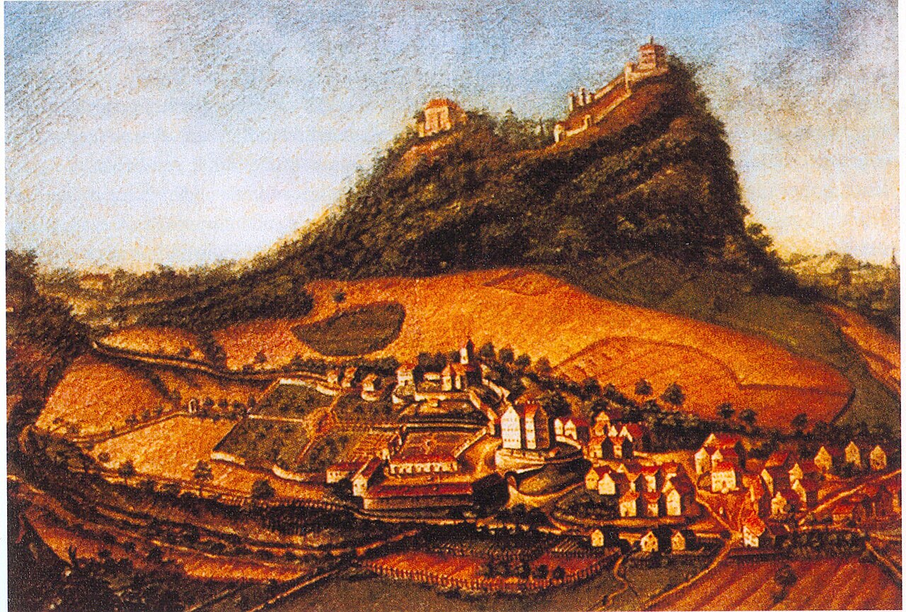 Weiterdingen mit dem Schloss der Freiherren von Hornstein im Hintergrund der Hohenstoffeln Ölbild