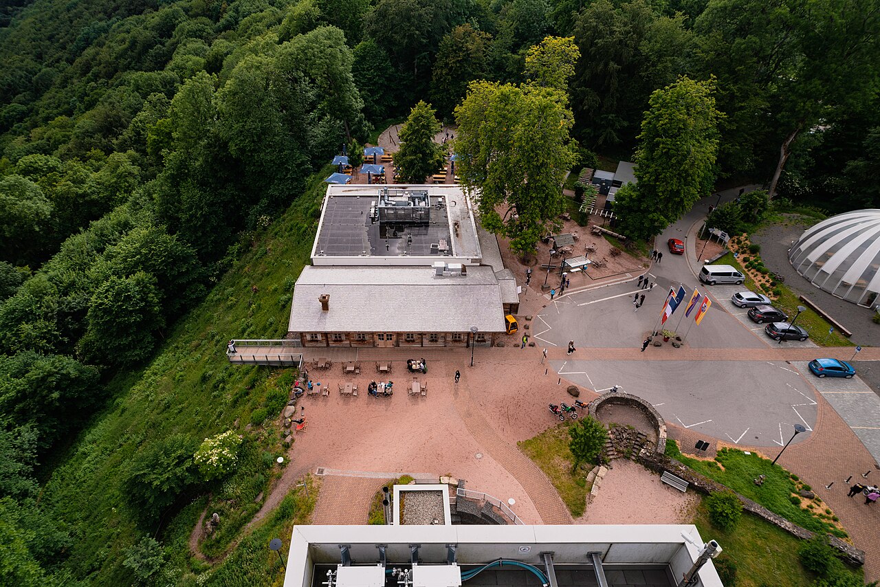 View from the Schaumberg-Tower on the plateau of the mountain with the restaurant Schaumberg Alm