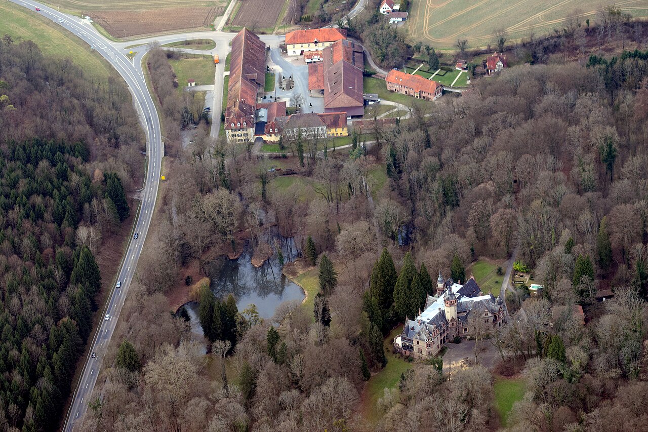 Aerial photo of the Old Castle (above) and the New Castle (below) Langenzell near Wiesenbach approx