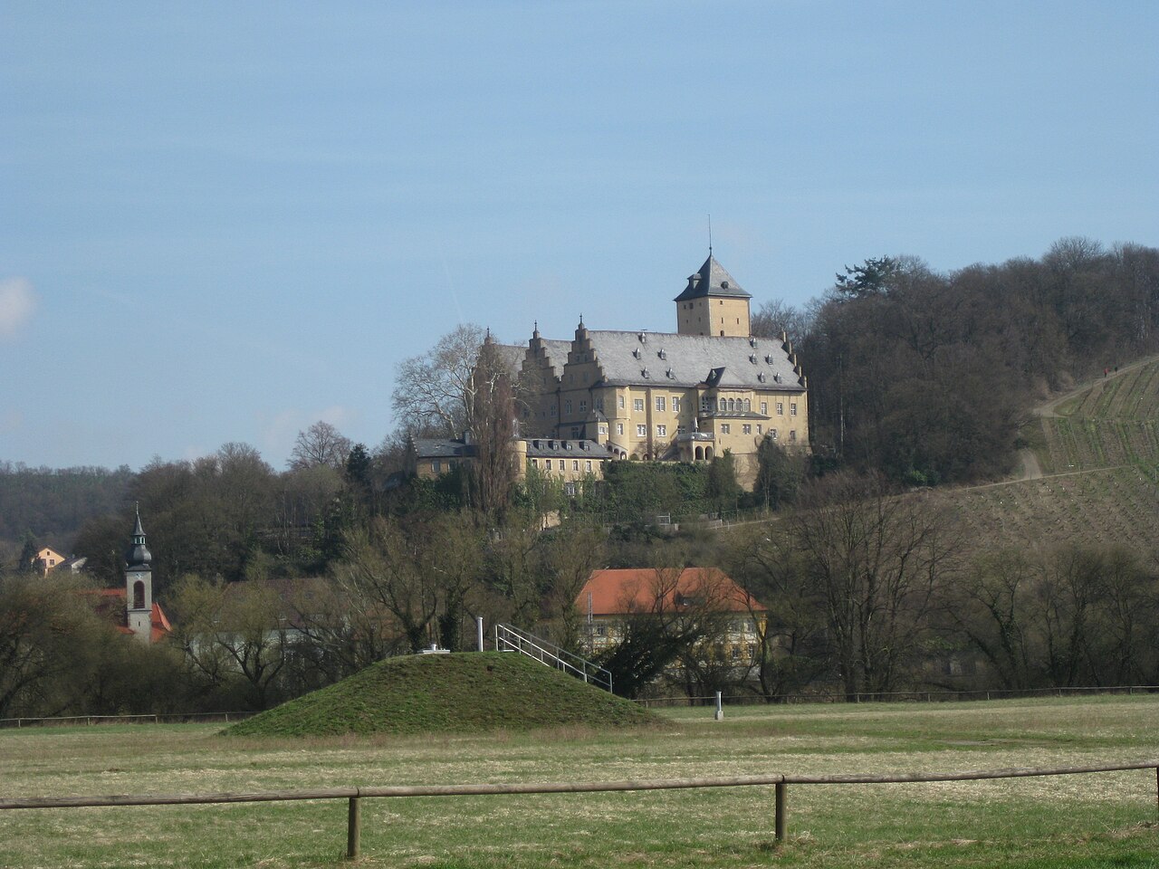 Castle Mainberg in Schonungen as seen from opposite riverbed of main river